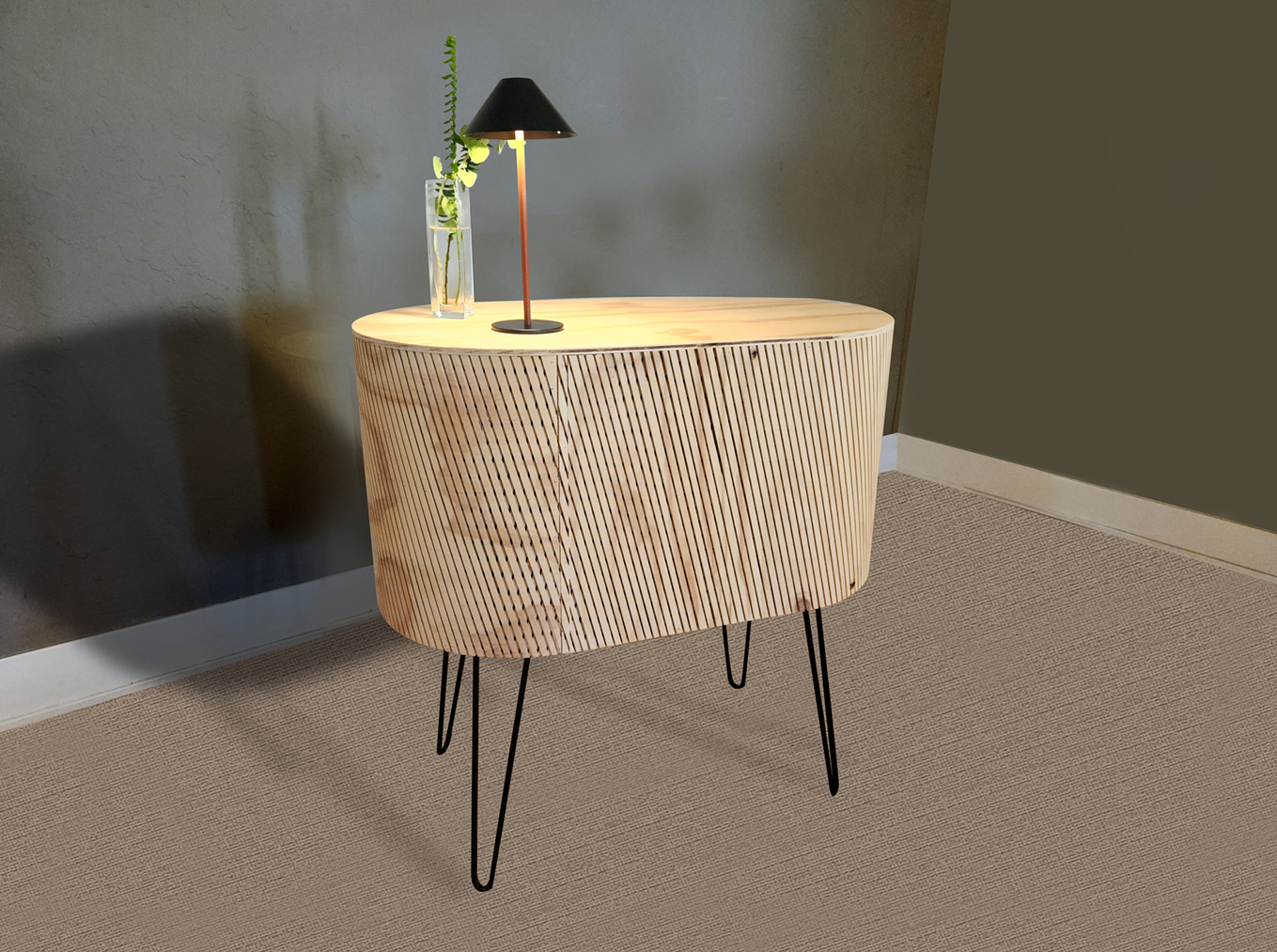 Mid-century modern made of white lmaplewooden desk with minimalist design, colorful drawer with built in finger pulls for a clean design.