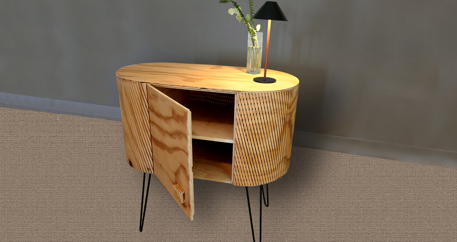 Sleek minimalist desk inspired by mid-century modern style, featuring unique drawers and decorative elements